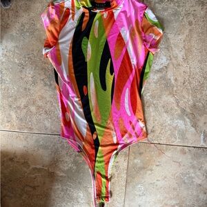 AKIRA Multicolor Abstract Short Sleeve Bodysuit - Pink Orange Green Black